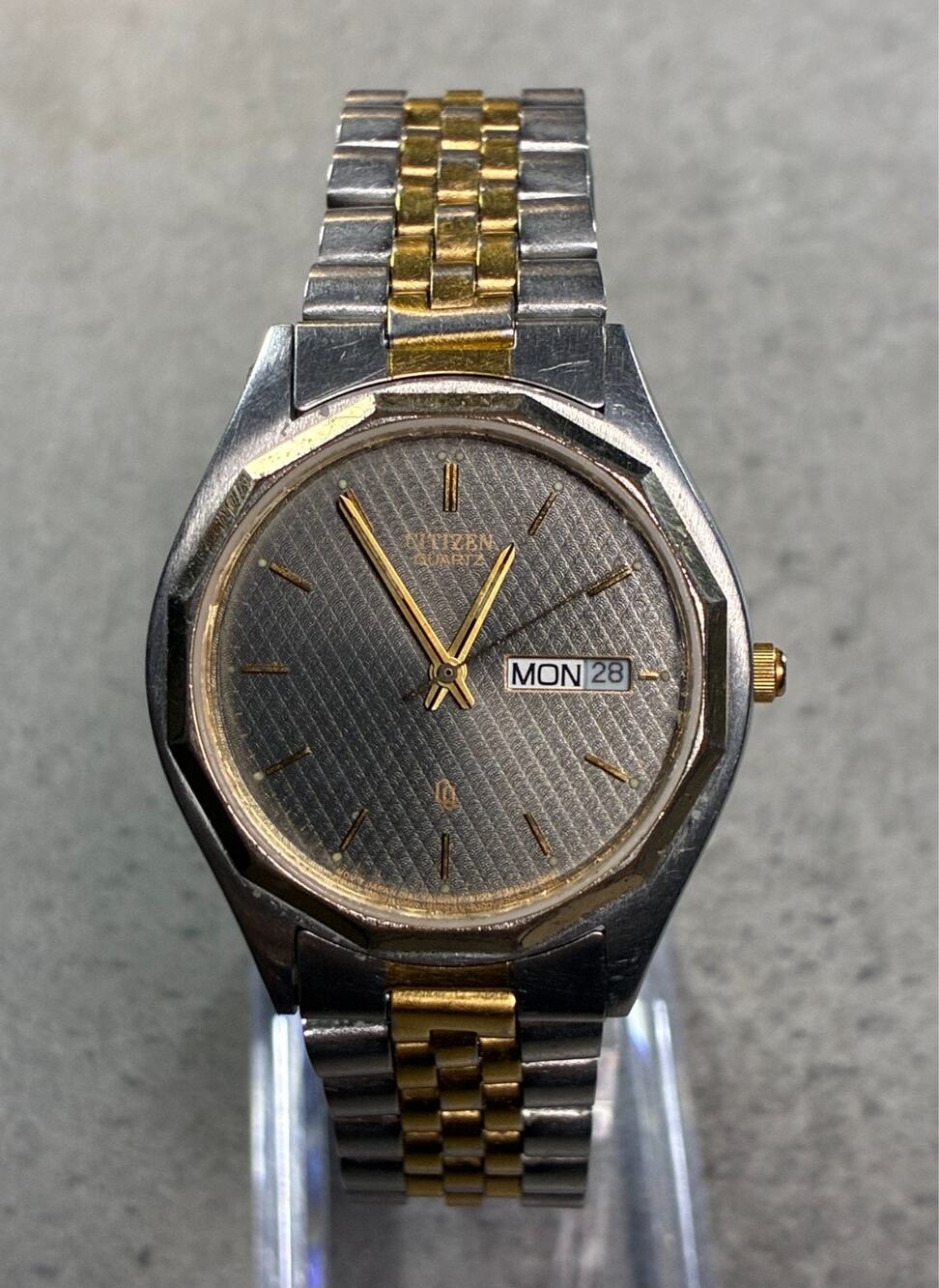 Citizen CQ Men's 35mm Gray Diamond Pattern Dial Watch Two Tone Jubilee Working